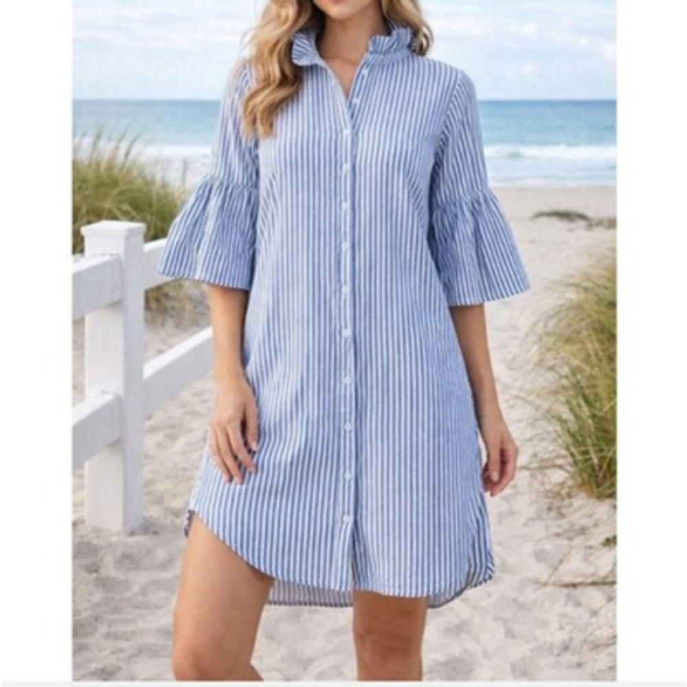 Holly Shea Striped Blue White Button Up Dress Xs